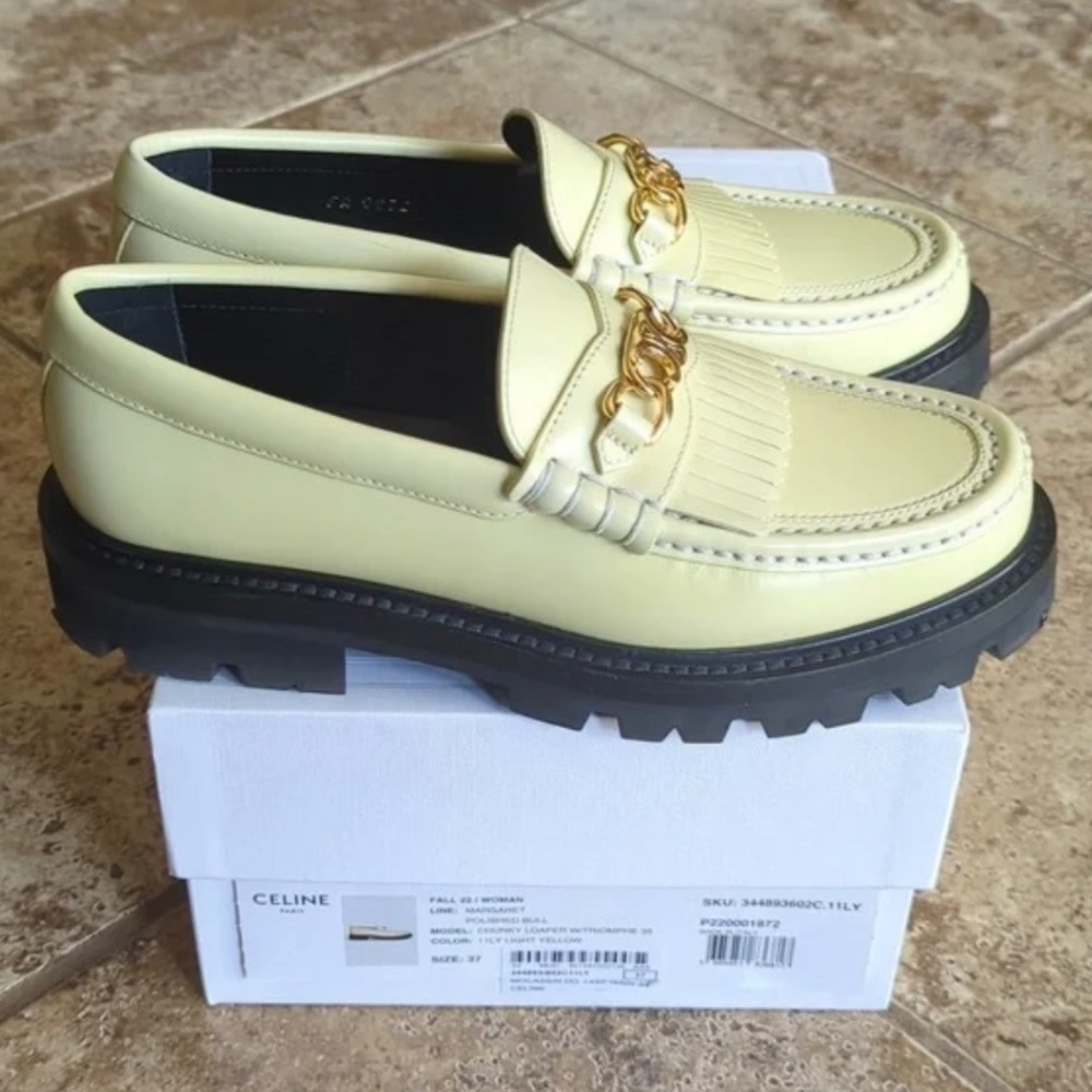 Celine Pale Yellow Leather Fringe Loafers with Gold Chain - Picture 3 of 5